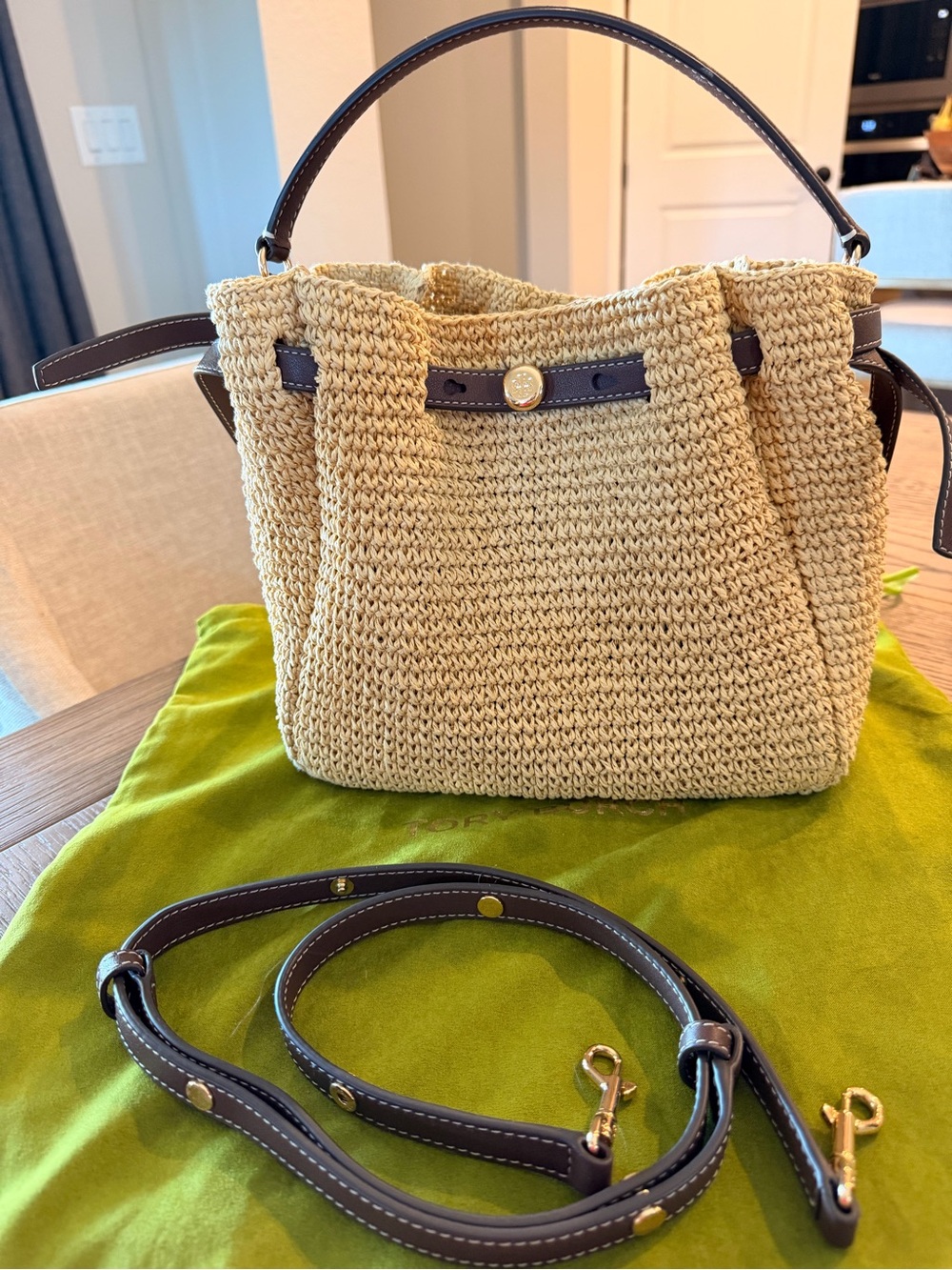 Like New Woven Straw Tote Bag with Brown Leather Trim - Picture 3 of 12